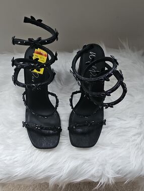 Wild Pair Black Strappy Floral Accent Heels